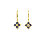 Load image into Gallery viewer, Yellow Gold Dangle Earrings with Royal Blue stone and CZ Floral Quatrefoil