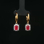 Load image into Gallery viewer, 18ct Yellow Gold Drop Earrings with Emerald Cut Ruby & Diamond