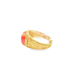Load image into Gallery viewer, Orangy Red Coral Cabochon Yellow Gold Engraved Signet Ring
