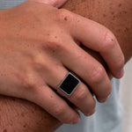 Load image into Gallery viewer, Black Diamond - Men’s Ring 8mm - Titanium Band w Custom Black Diamond Signet - PERSEUS - Elysium Black Diamond