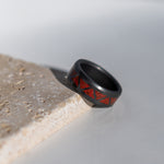 Load image into Gallery viewer, Black Diamond - Men’s Ring 8mm - Red Opal Triangle Pattern Inlay - ARES - Elysium Black Diamond