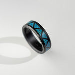 Load image into Gallery viewer, Black Diamond - Men’s Ring 8mm - Blue Dragon Opal Triangle Pattern Inlay - ARES - Elysium Black Diamond