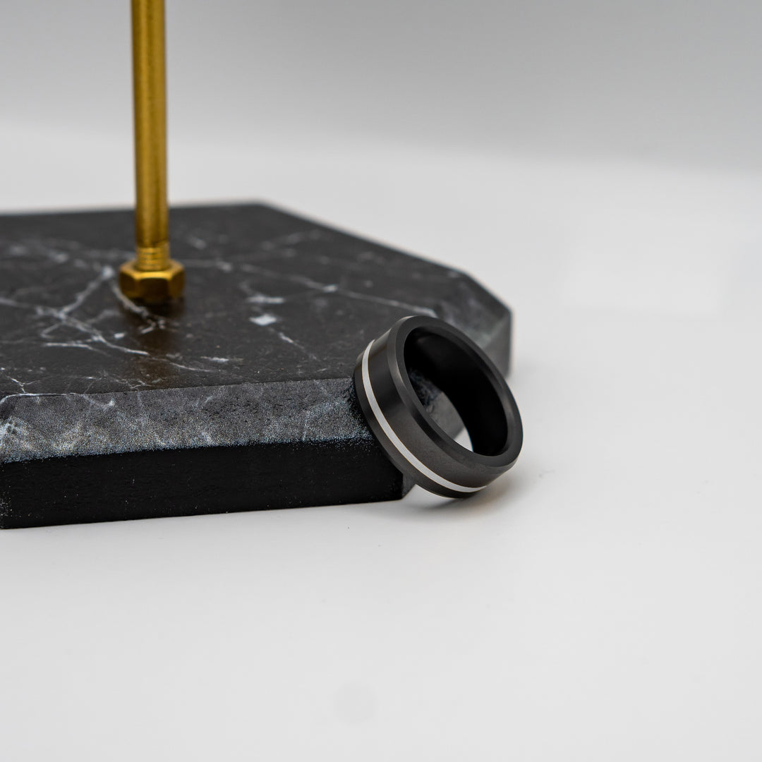 Black Diamond - Men’s Ring 8mm - Offset Inlay Silver - ARES - Elysium Black Diamond