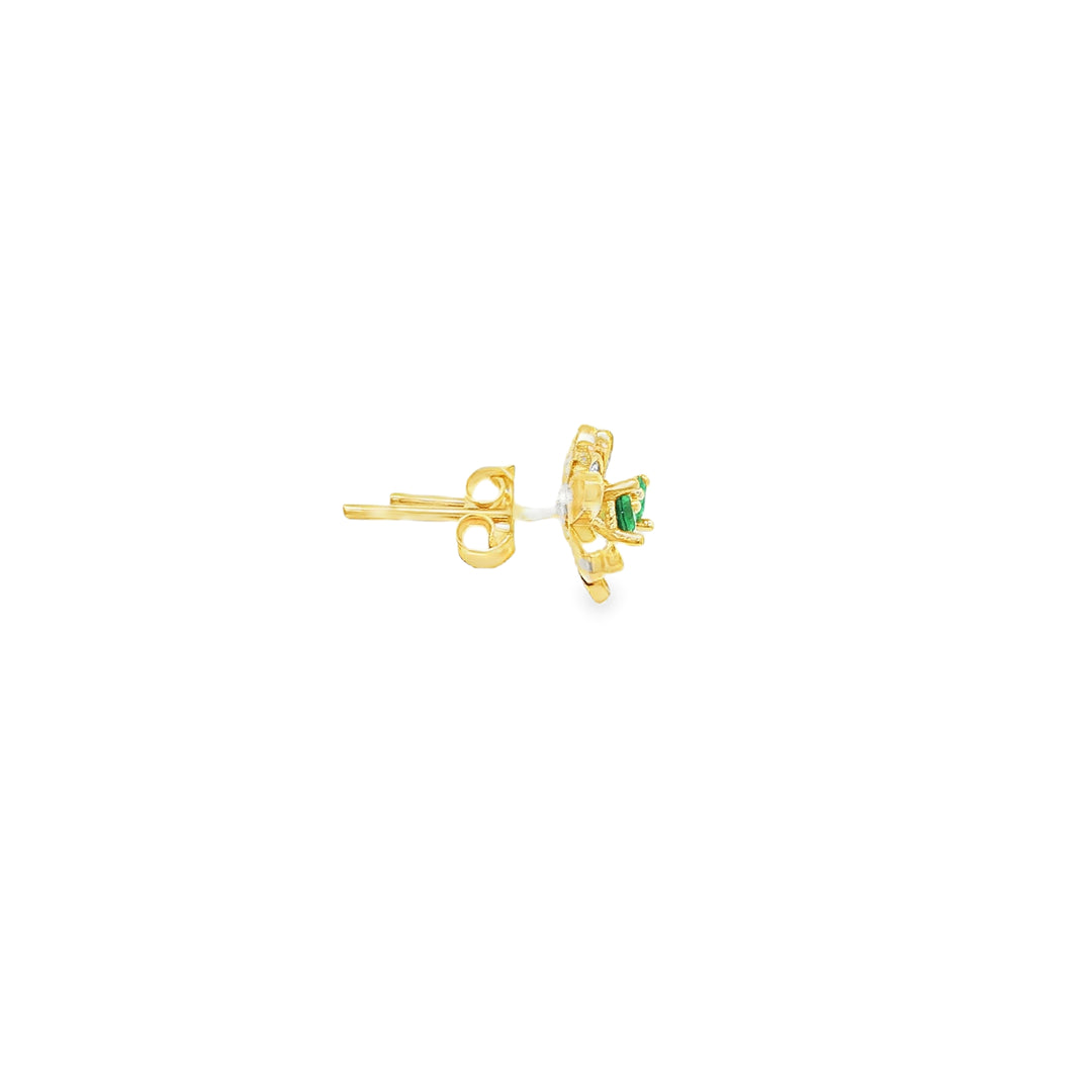 Floral Gold Stud Earrings with Round Emeralds