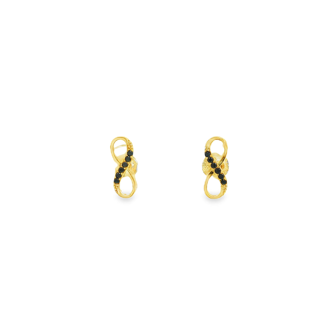 Yellow Gold Stud Earrings with Fancy Black Round Cut CZ