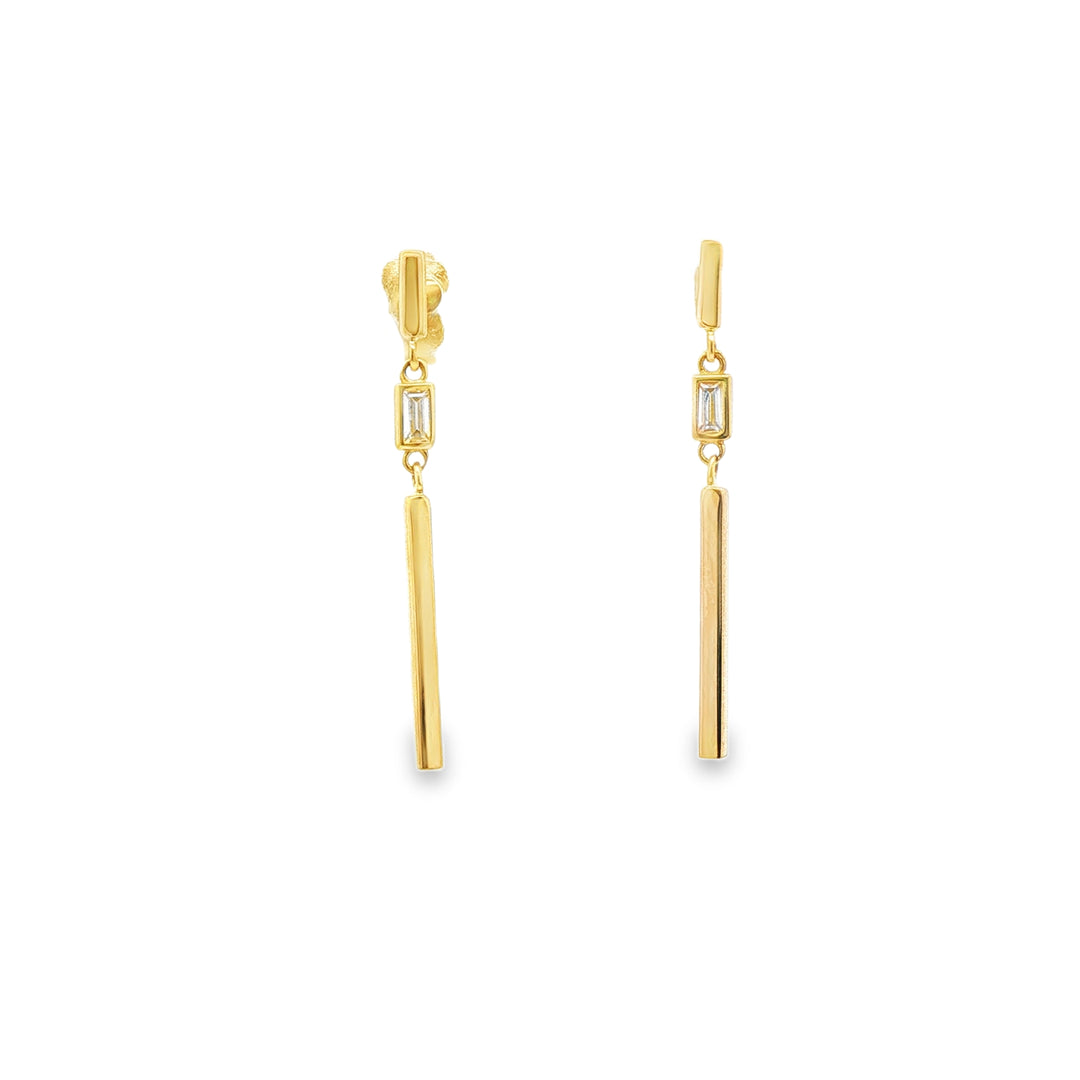 Yellow Gold Dangle Earrings with Emerald Cut CZ