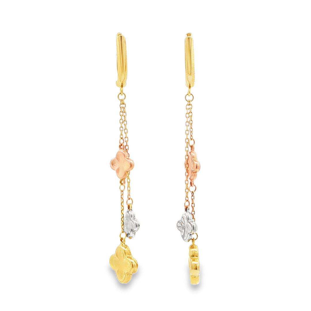 Tri-Color Clover Yellow Gold Dangle Earrings