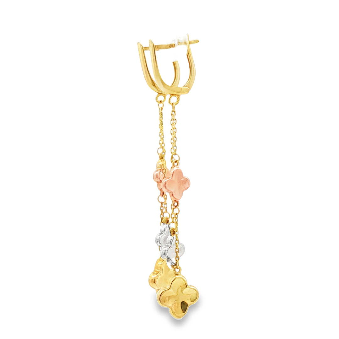 Tri-Color Clover Yellow Gold Dangle Earrings