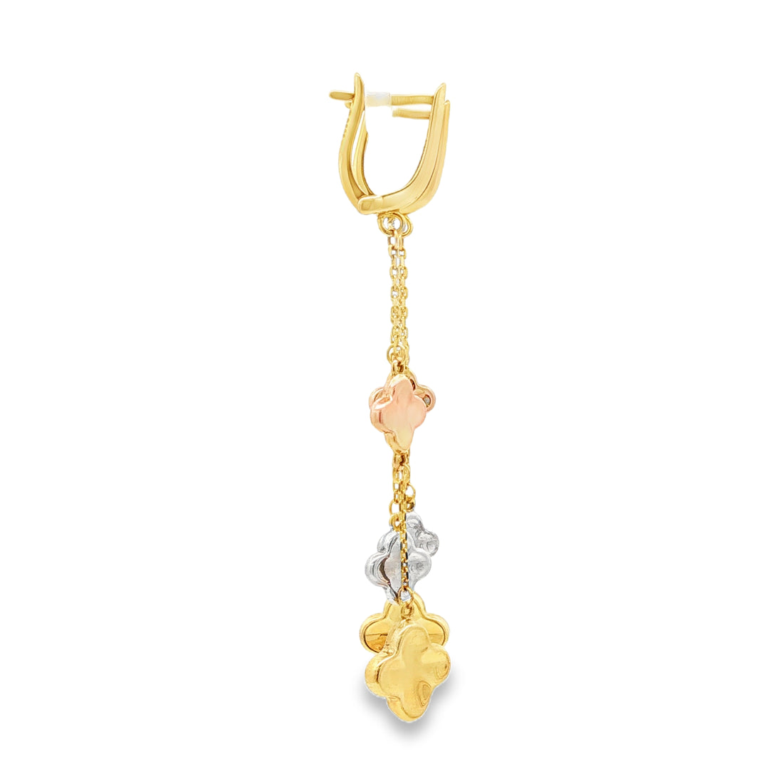 Tri-Color Clover Yellow Gold Dangle Earrings