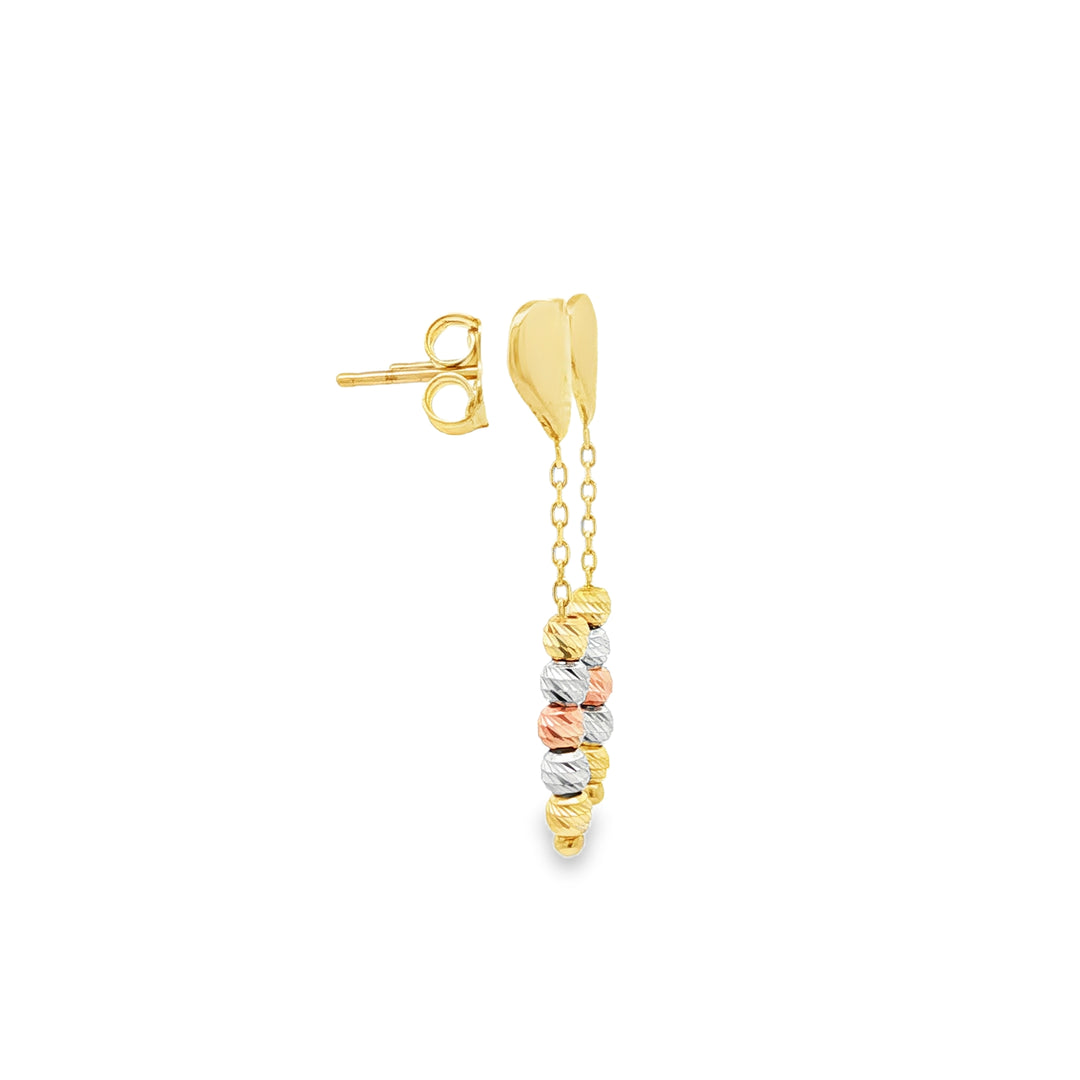 14k Yellow Gold Tri-Color Bead Dangle Earrings