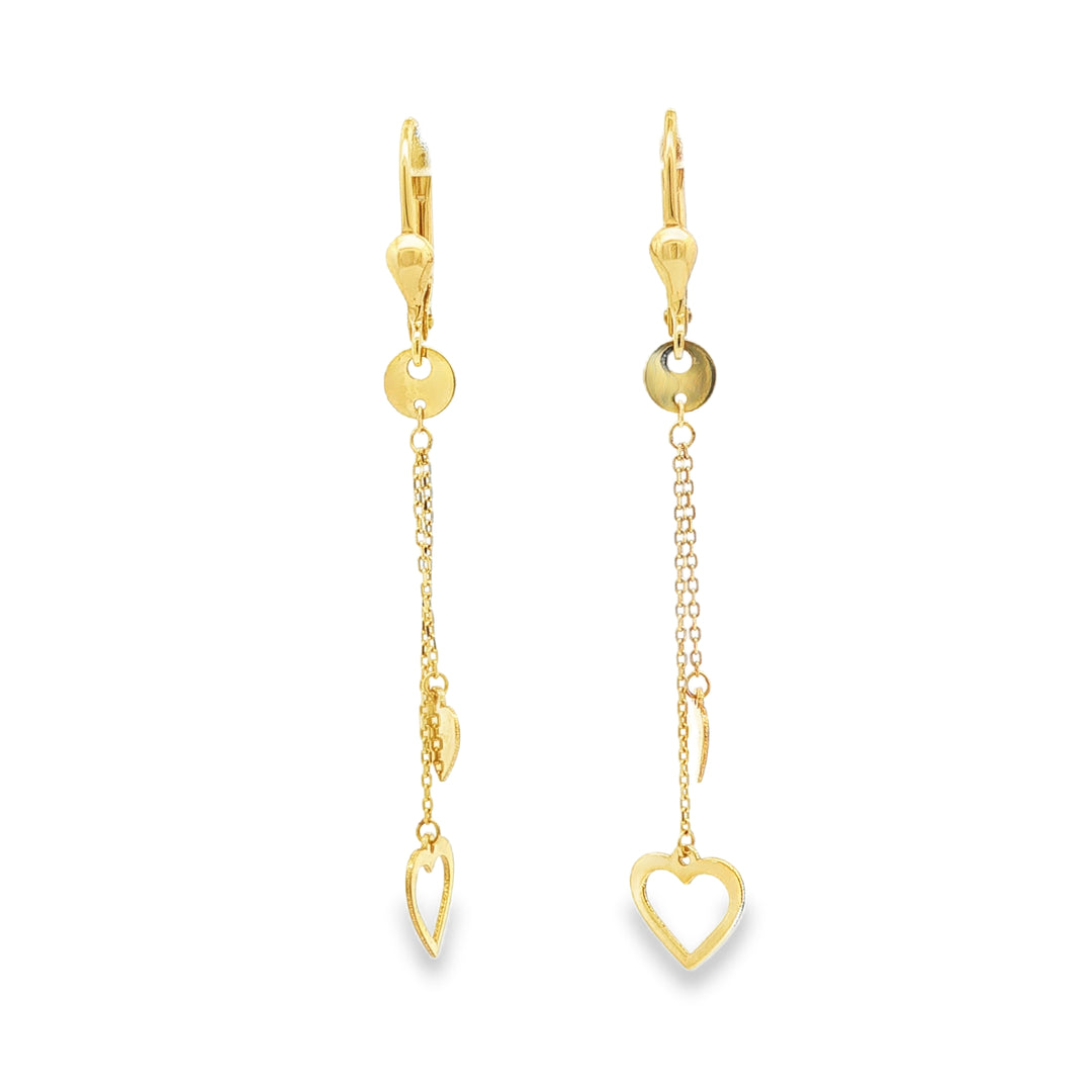 Delicate Yellow Gold Dangle Earrings with Heart and Circle Drops