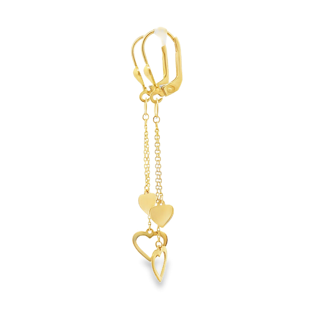Delicate Yellow Gold Dangle Earrings with Heart and Circle Drops