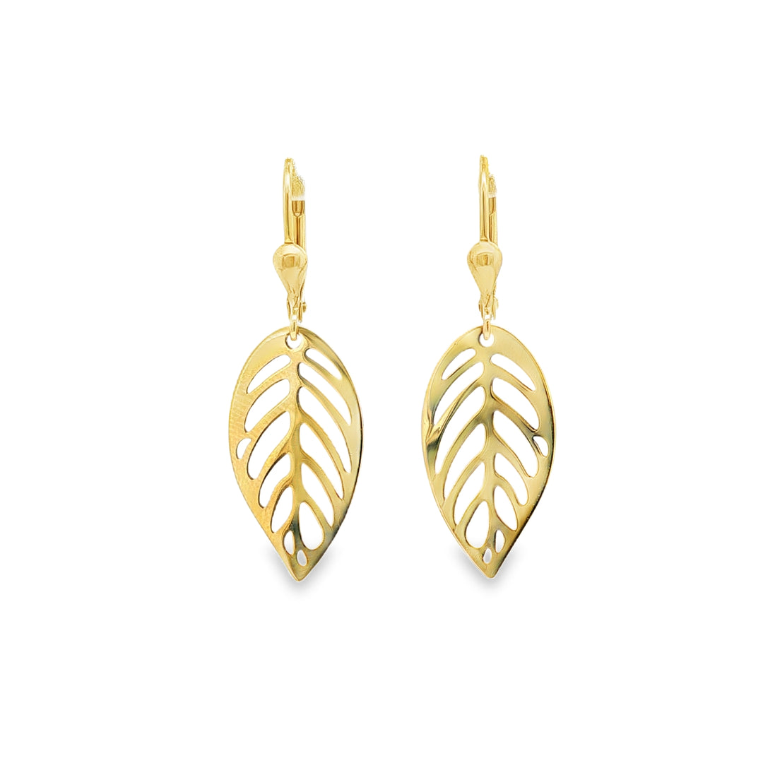 Delicate Leaf Design Yellow Gold Dangle Earrings