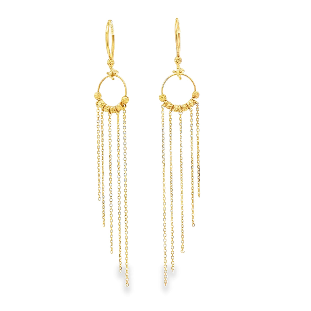 Elegant Yellow Gold Beaded Chain Dangle Earrings