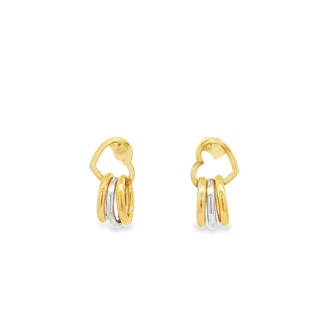 Heart Motif dual colour Hoop Dangle Earrings in Yellow Gold