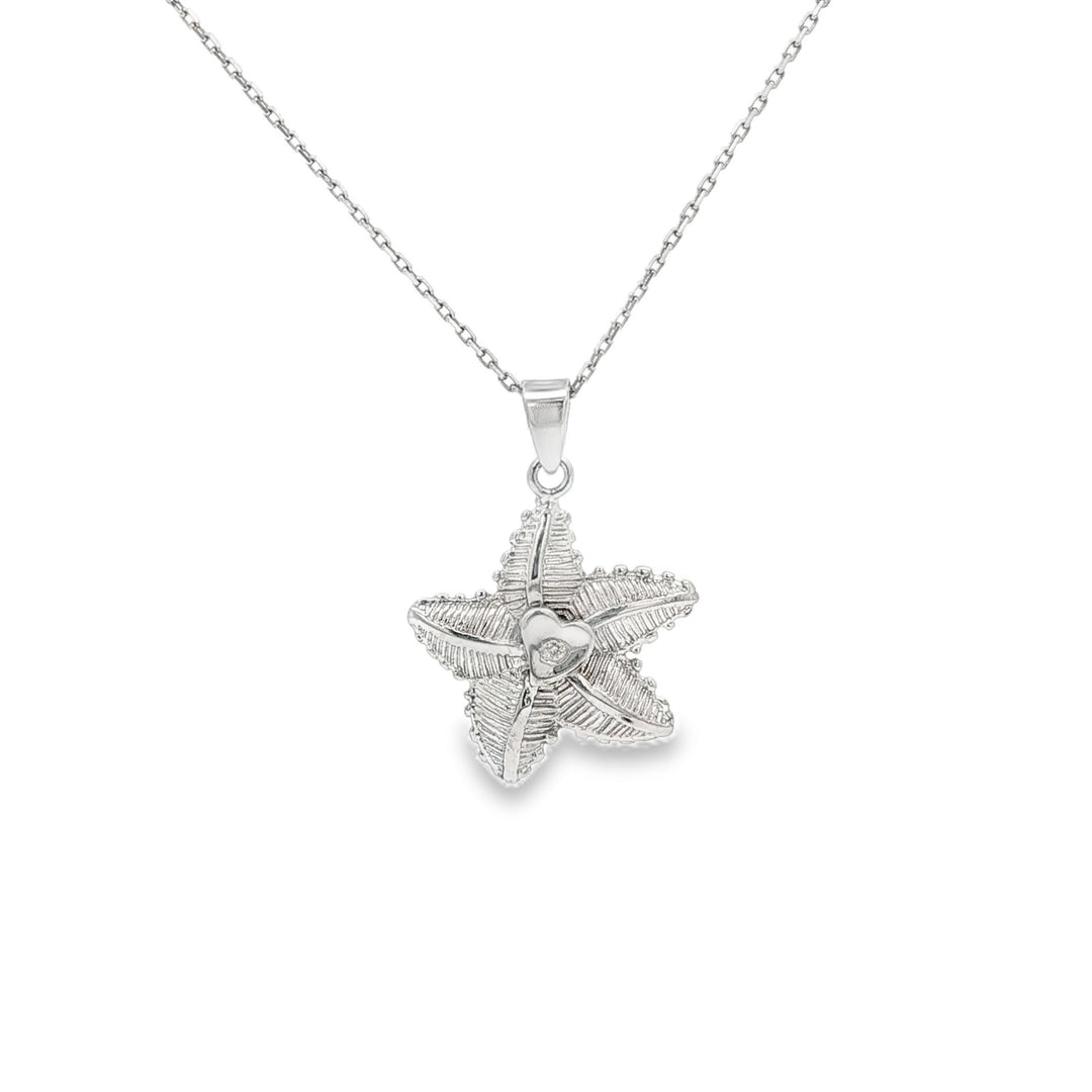 White Gold Starfish Charm Necklace with Round Cut CZ