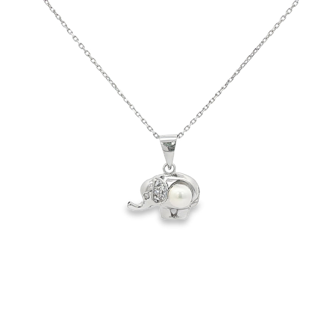 Gold Elephant Charm Necklace with Round Pearl Accent