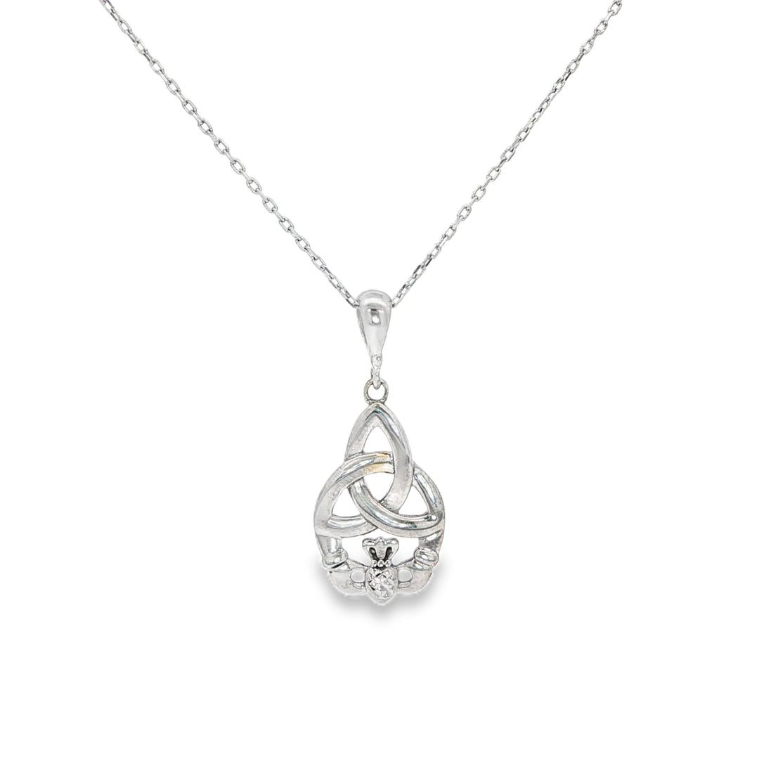White Gold Celtic Knot and Claddagh Charm Necklace