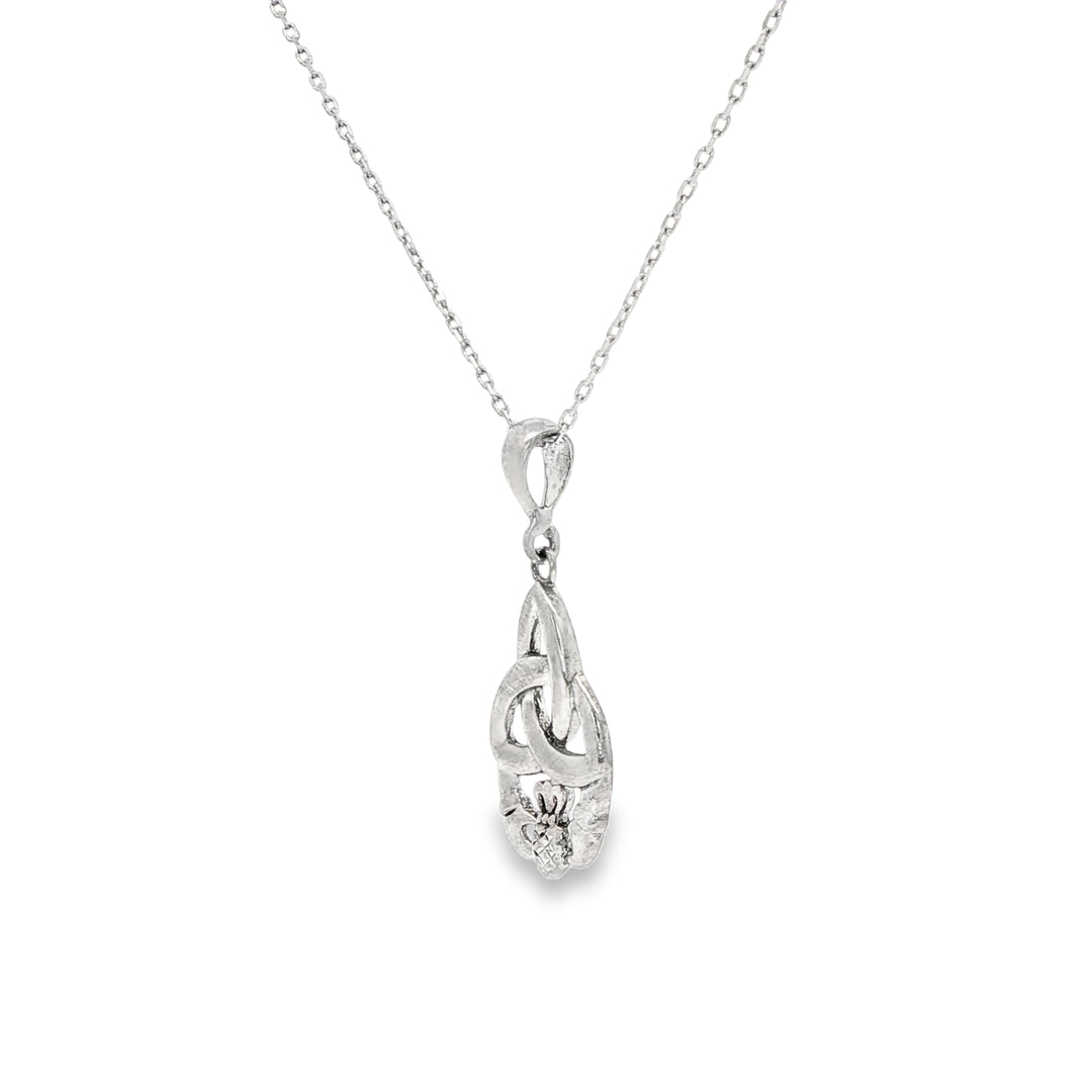 White Gold Celtic Knot and Claddagh Charm Necklace