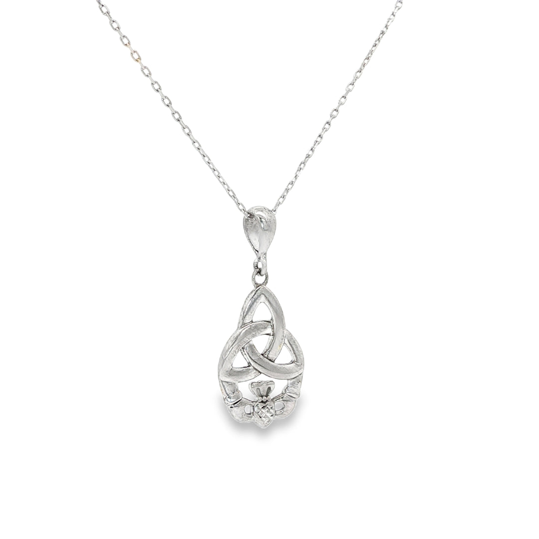 White Gold Celtic Knot and Claddagh Charm Necklace