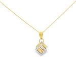 Load image into Gallery viewer, Geometric Openwork Cube Charm Necklace in Yellow &amp; White Gold