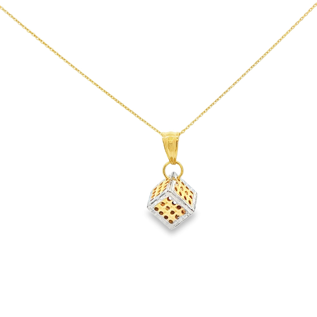 Geometric Openwork Cube Charm Necklace in Yellow & White Gold