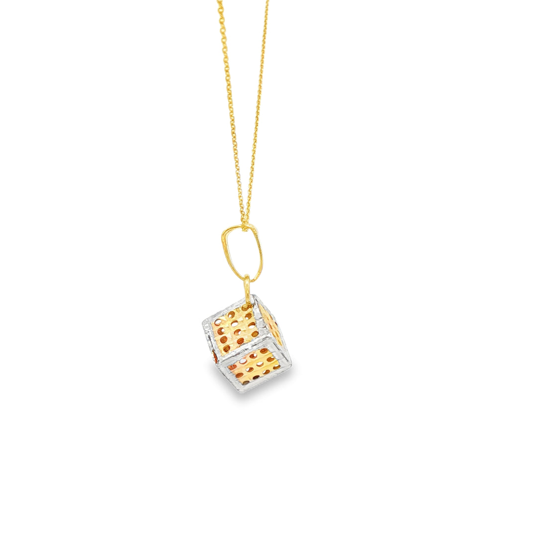 Geometric Openwork Cube Charm Necklace in Yellow & White Gold