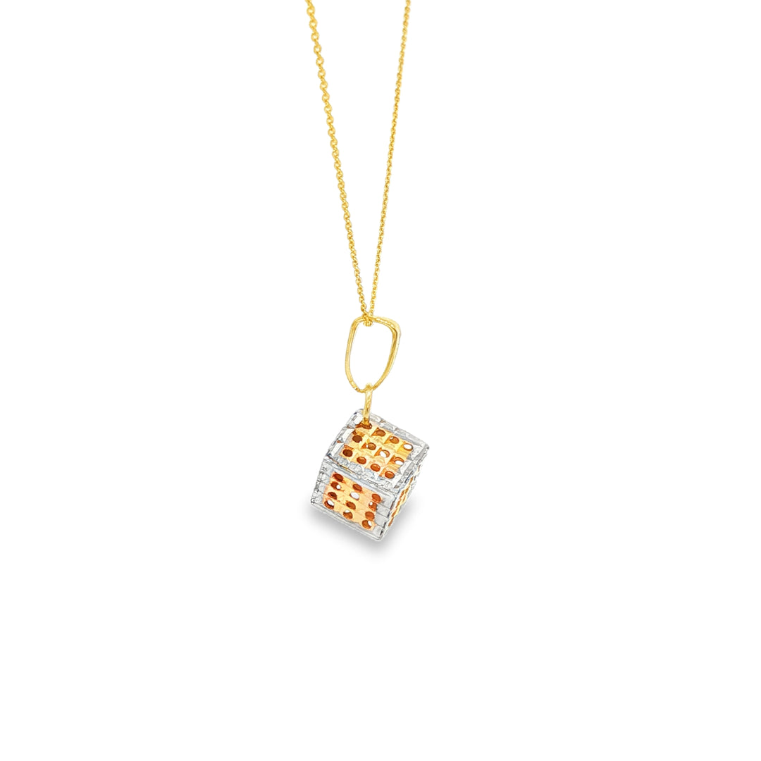 Geometric Openwork Cube Charm Necklace in Yellow & White Gold