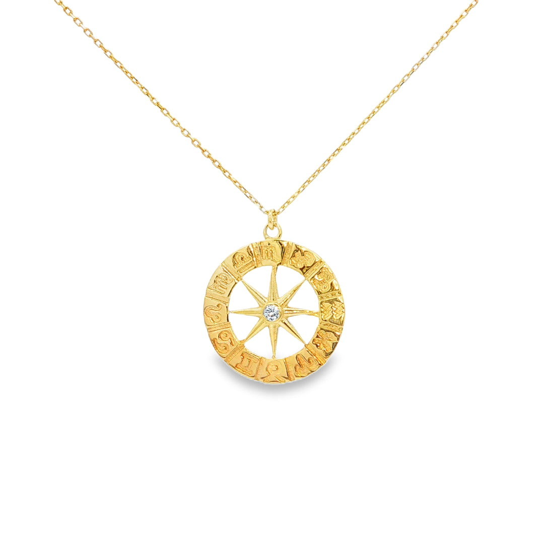 Yellow Gold Zodiac Charm Necklace with Round Cut CZ