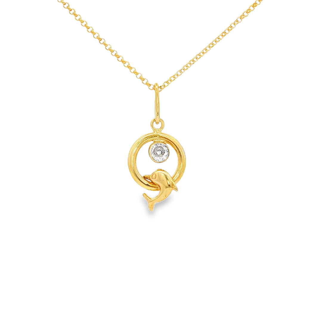 Yellow Gold Dolphin Charm Necklace with Round Brilliant CZ