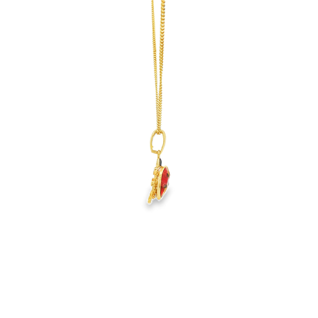 Yellow Gold Ladybug Charm Necklace with CZ Accent