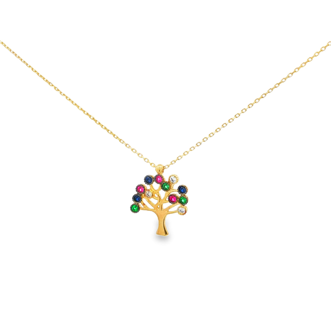 Yellow Gold Tree of Life Multi-Stone Charm Necklace