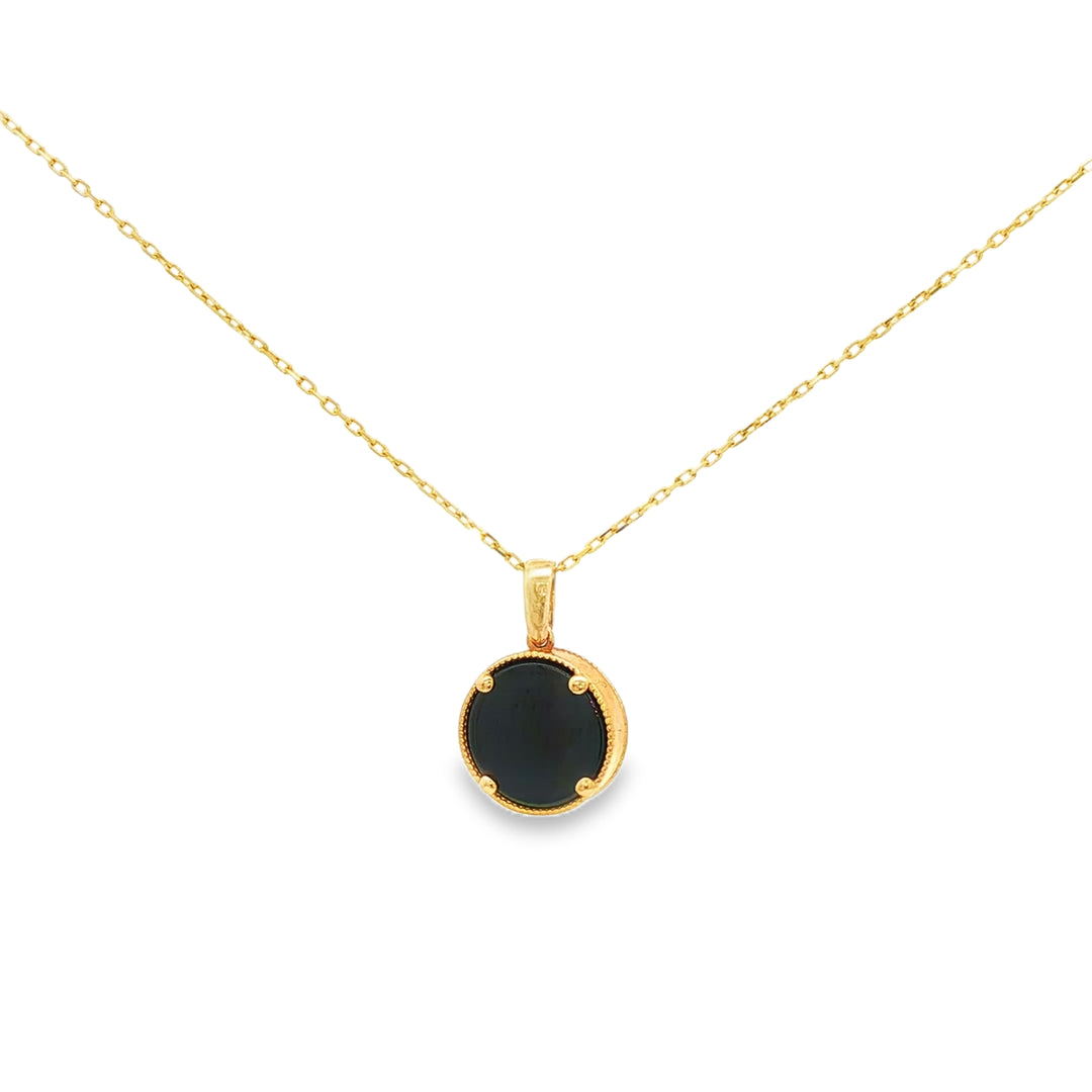 Yellow Gold Charm Necklace with Round Onyx Pendant