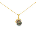 Load image into Gallery viewer, Yellow Gold Necklace with Round Dark Green Pearl Pendant