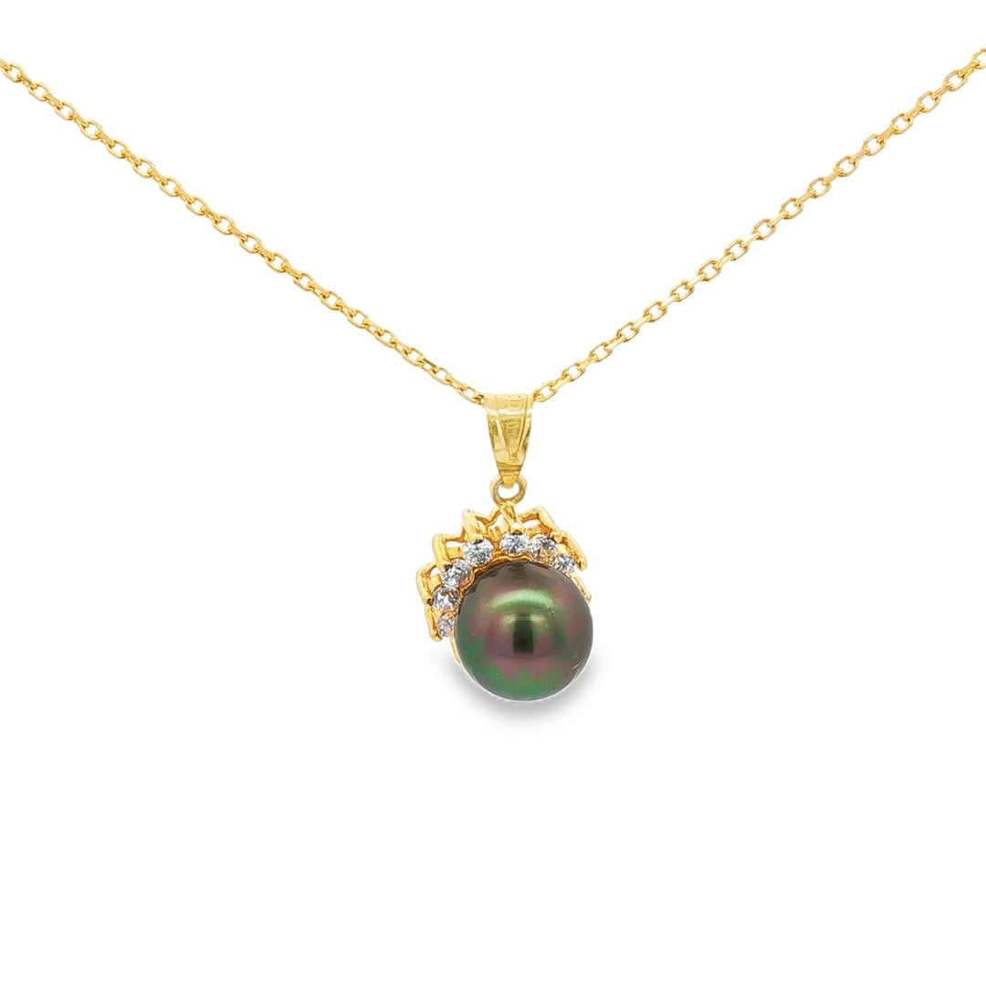 Yellow Gold Necklace with Round Dark Green Pearl Pendant