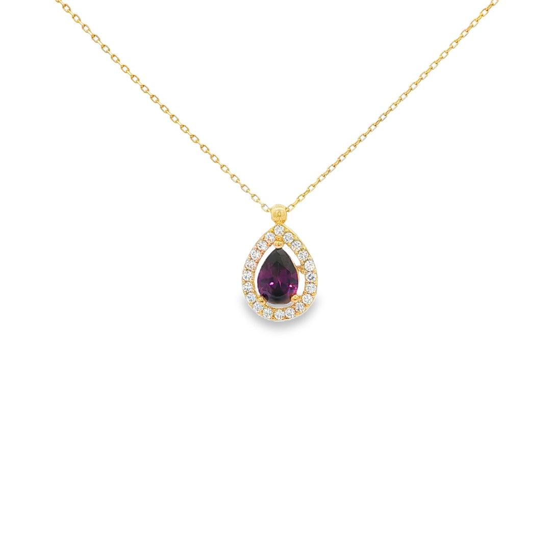 Yellow Gold Charm Necklace with Pear Amethyst Pendant