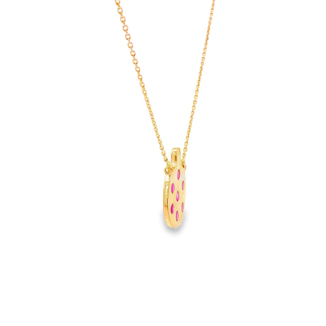 Rose Gold Pomegranate Charm Necklace with Round Ruby Cabochons