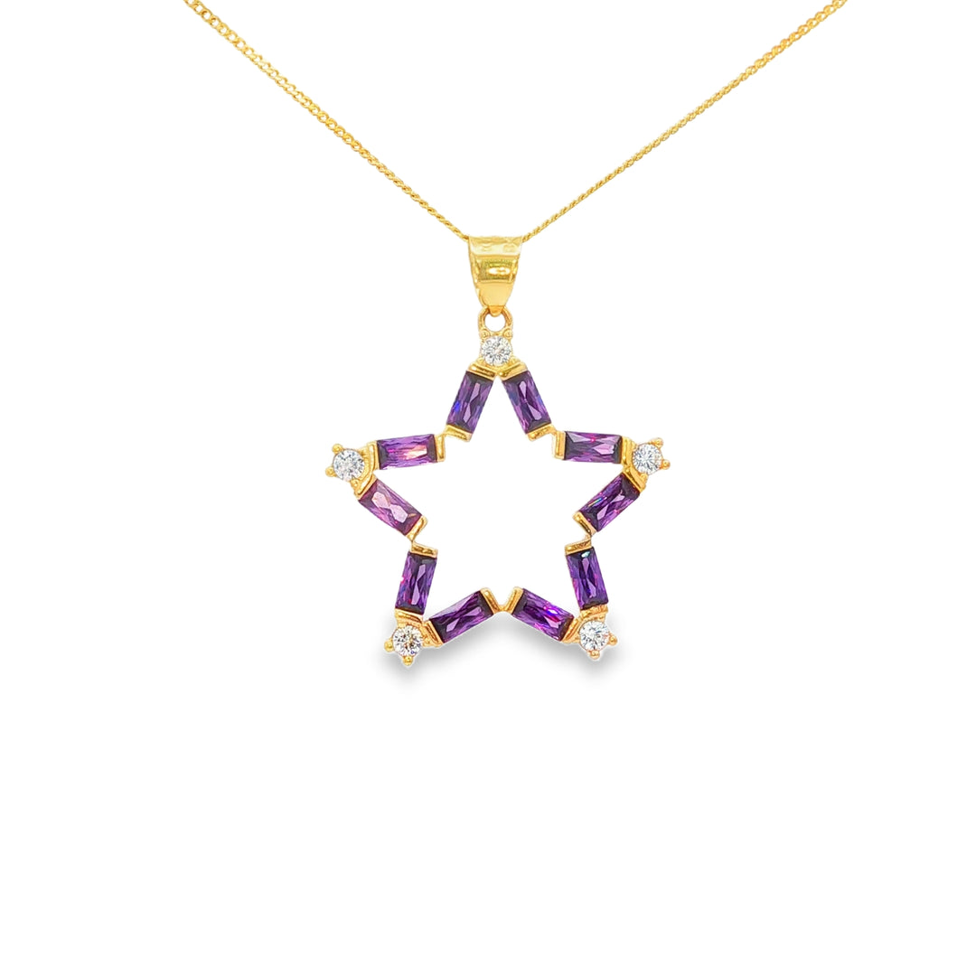 Yellow Gold Star Charm Necklace with Purple CZ Gemstone
