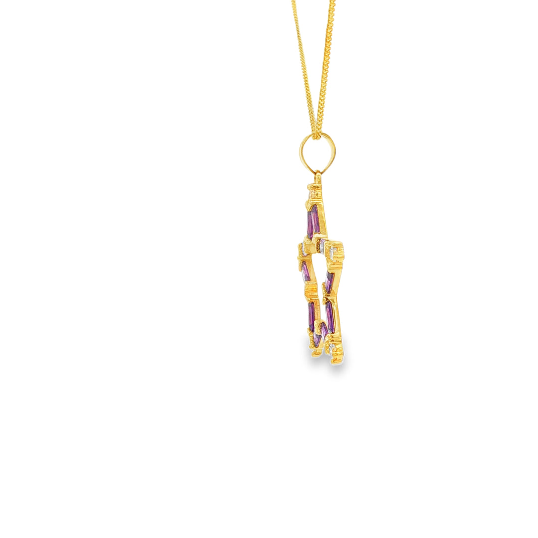 Yellow Gold Star Charm Necklace with Purple CZ Gemstone