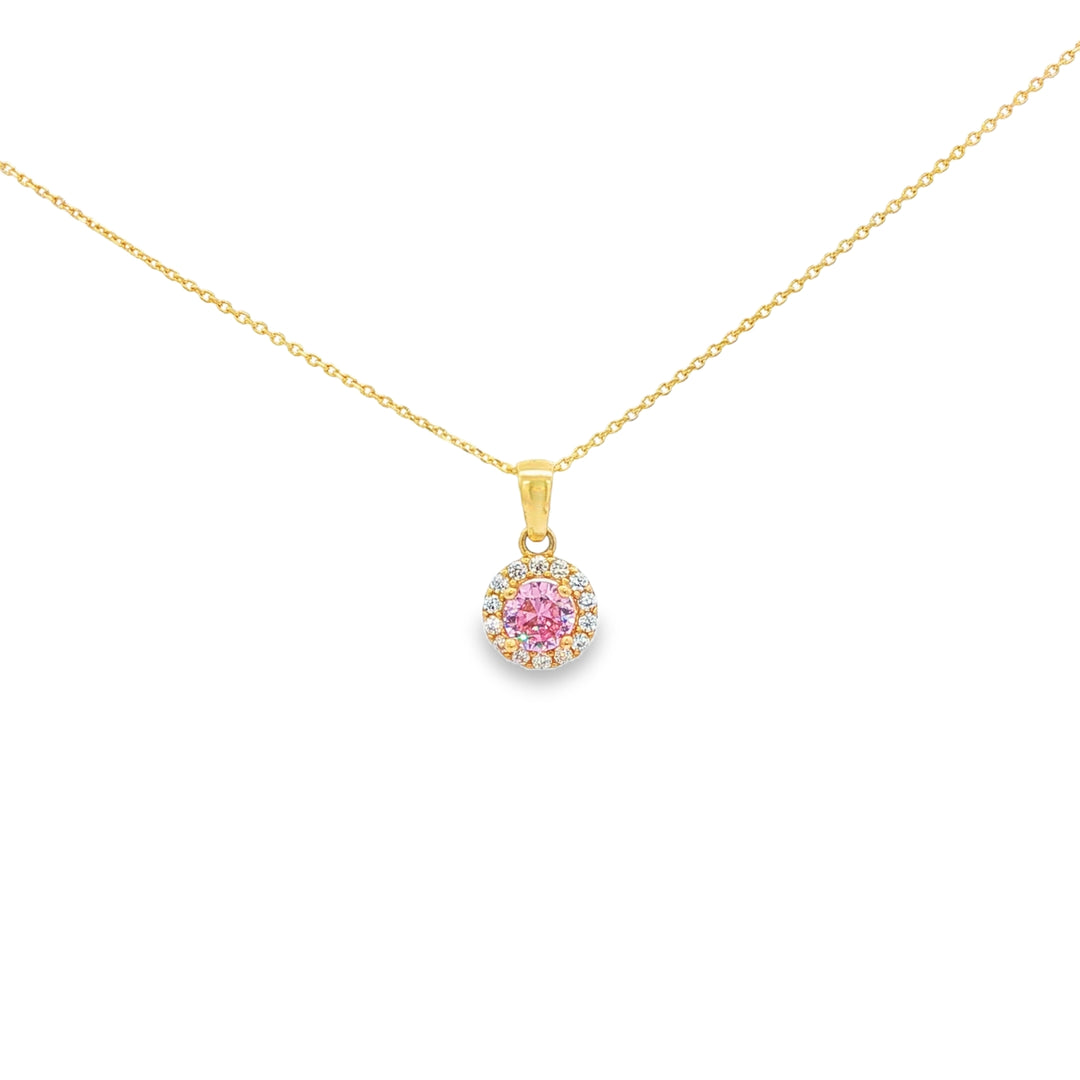 Yellow Gold Charm Necklace with Vivid Pink CZ