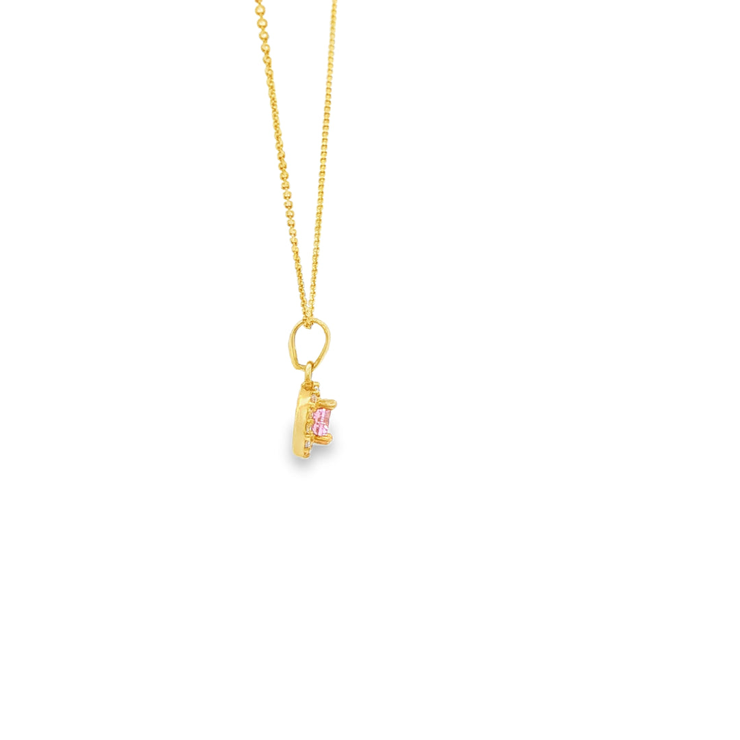 Yellow Gold Charm Necklace with Vivid Pink CZ