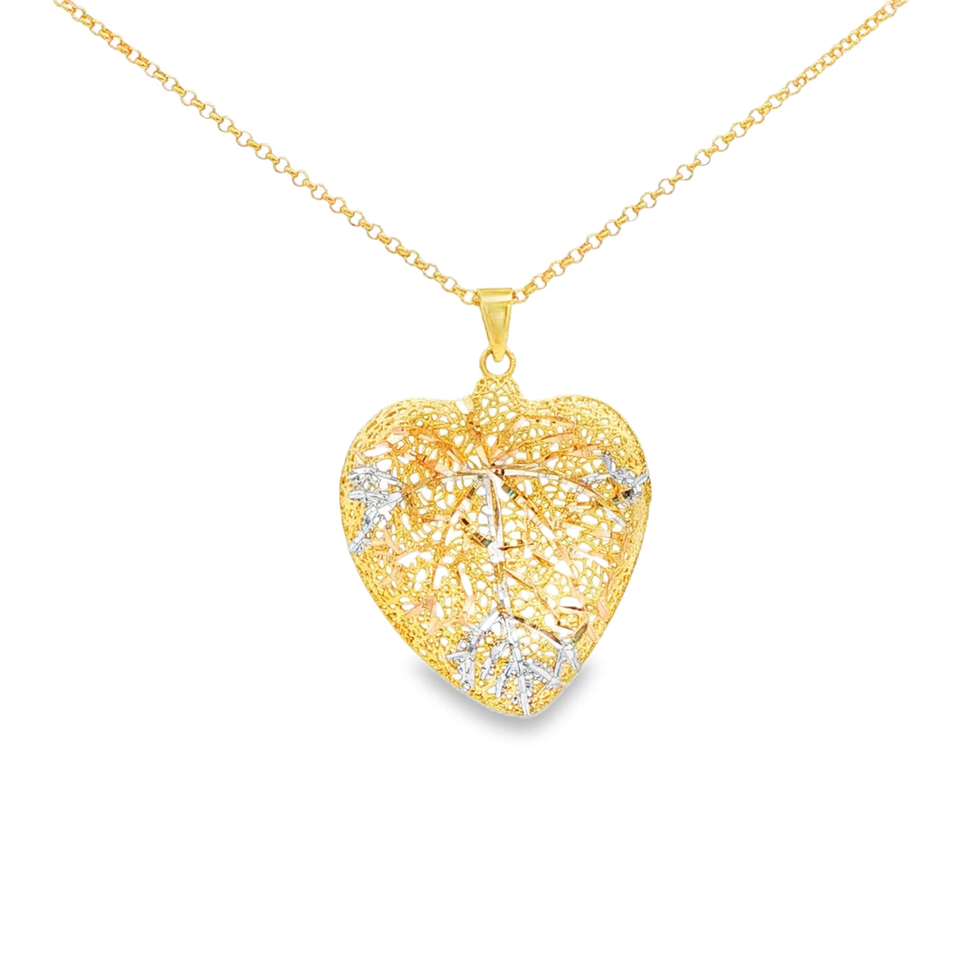Yellow Gold Heart Filigree Charm Necklace