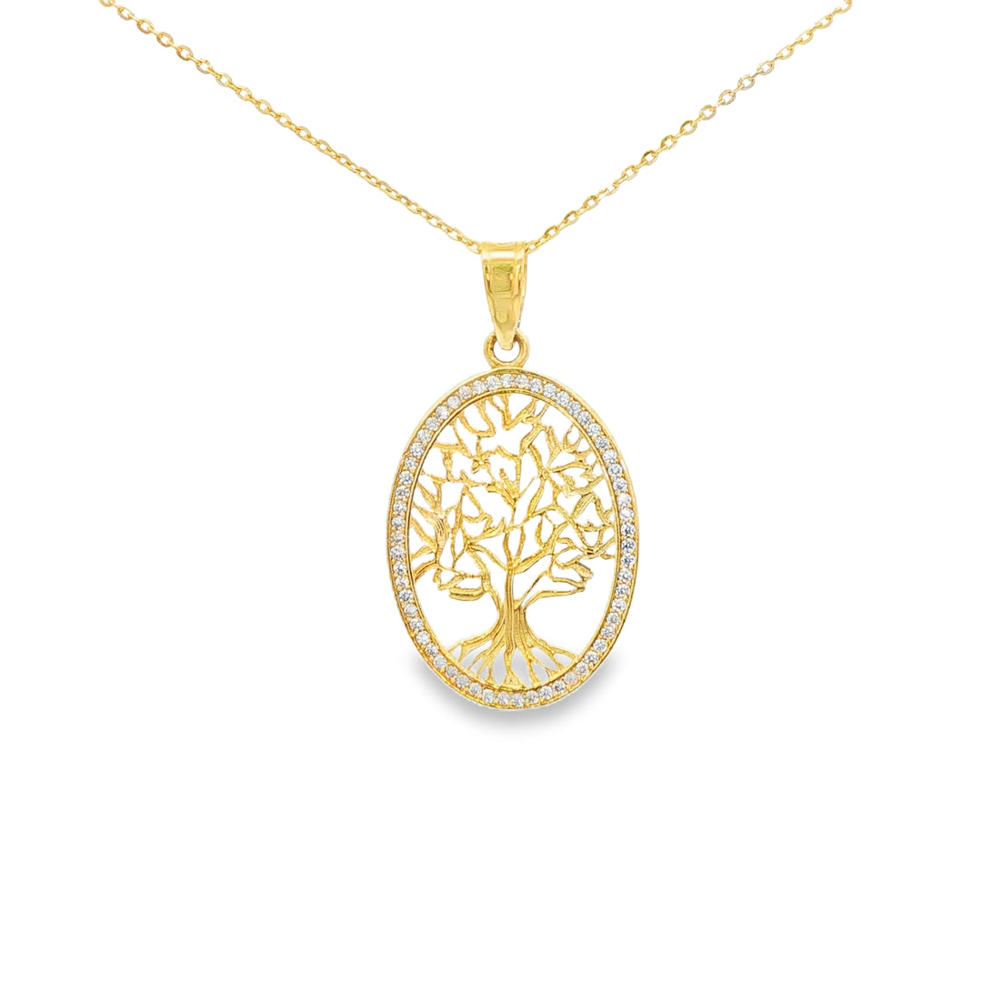 Yellow Gold Tree of Life Charm Necklace with Round Brilliant CZ