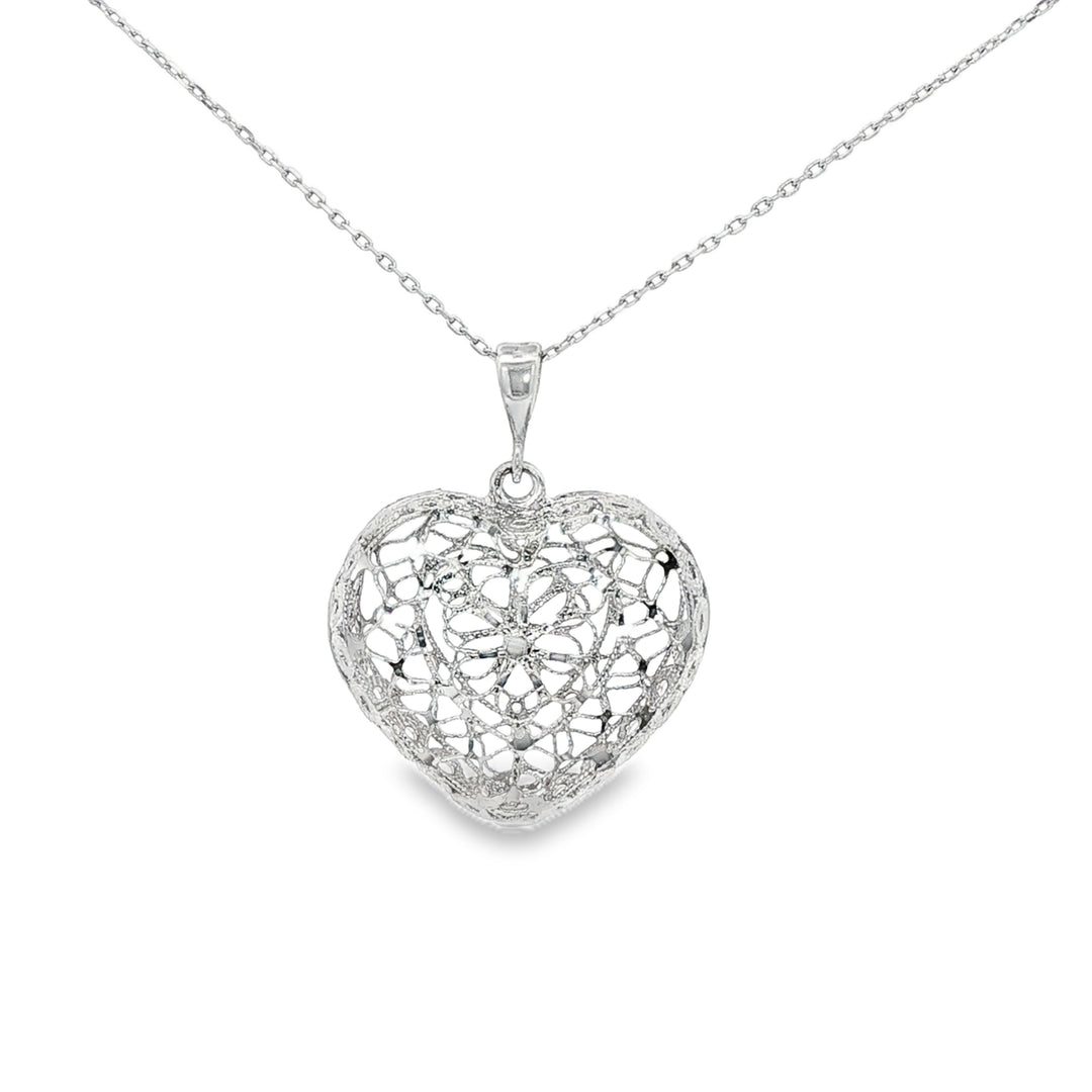 White Gold Filigree Heart Charm Necklace