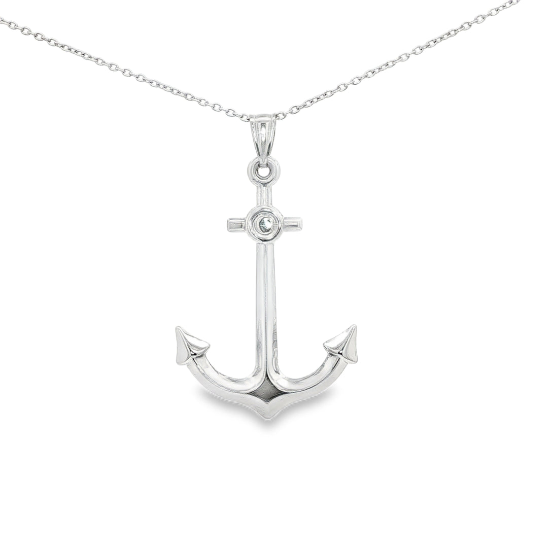 White Gold Anchor Charm Necklace in White Gold Finish