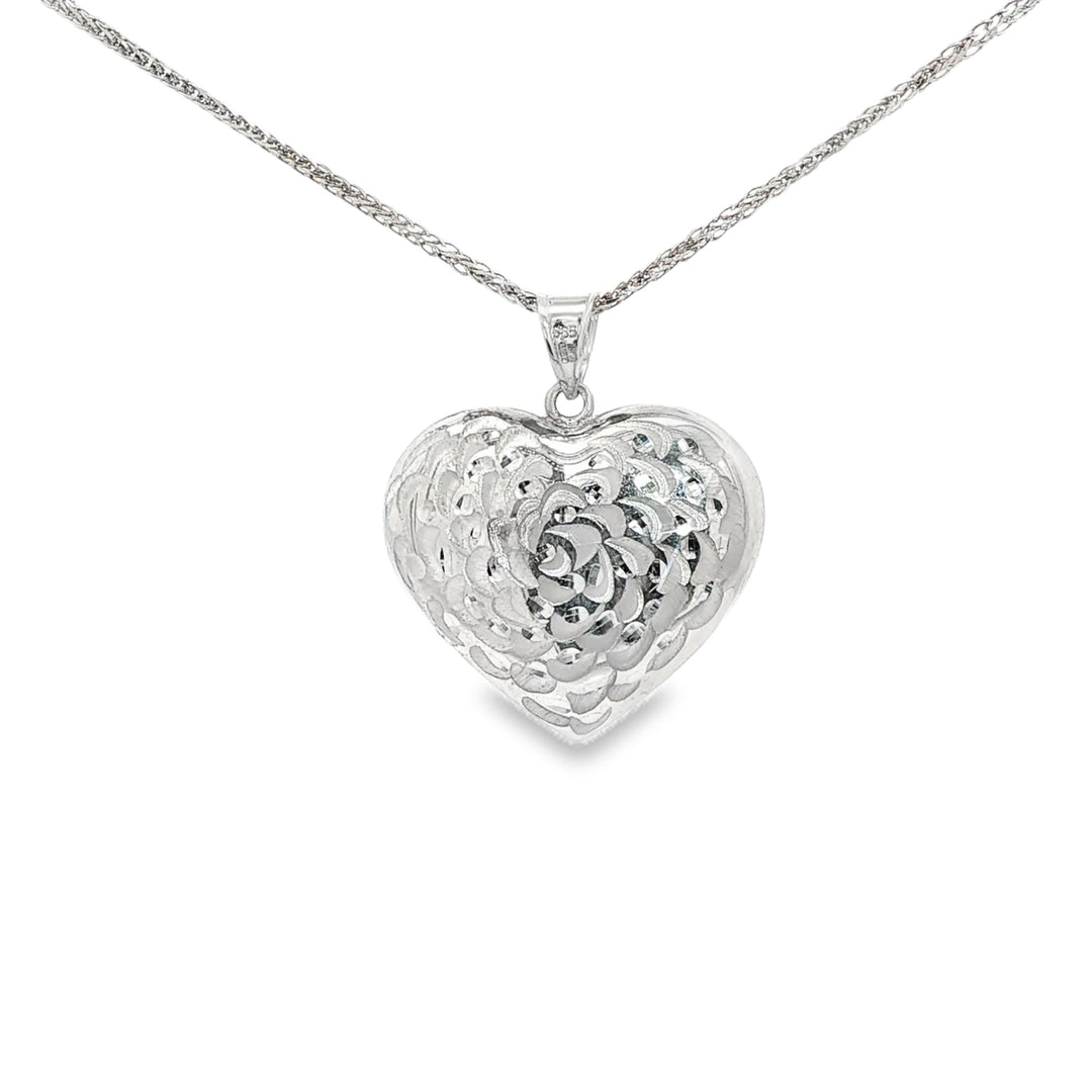 Floral Engraved Heart Charm Necklace in White Gold
