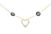 Yellow Gold Diamond Heart and Evil Eye Charm Necklace