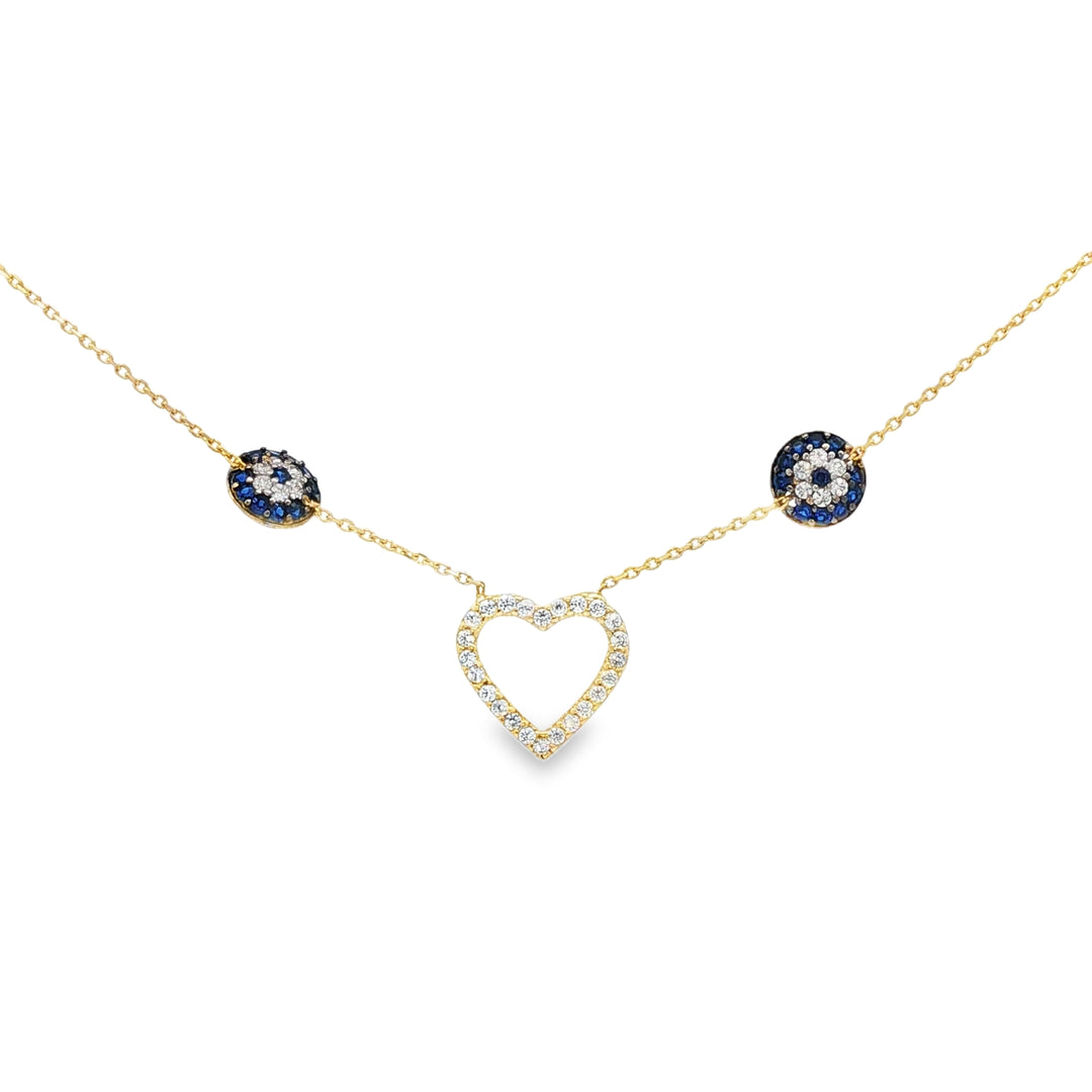 Yellow Gold Diamond Heart and Evil Eye Charm Necklace