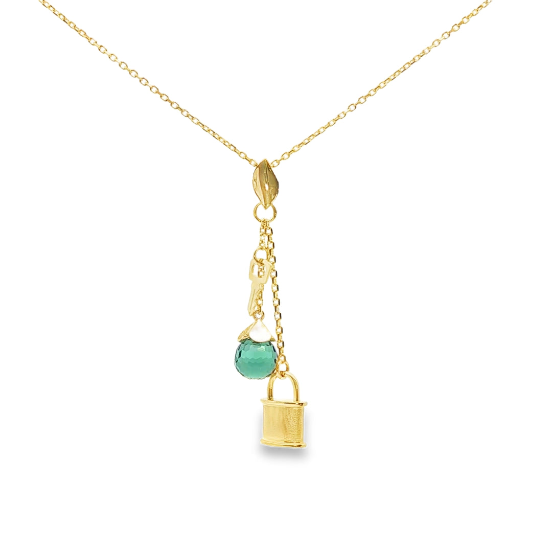Yellow Gold Charm Necklace with Green Crystal Pendant