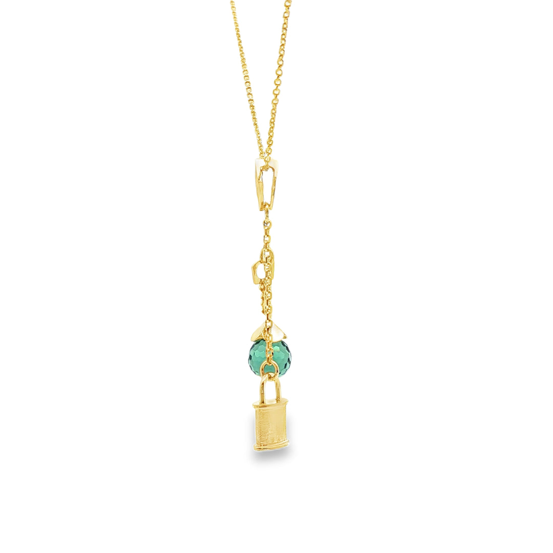Yellow Gold Charm Necklace with Green Crystal Pendant